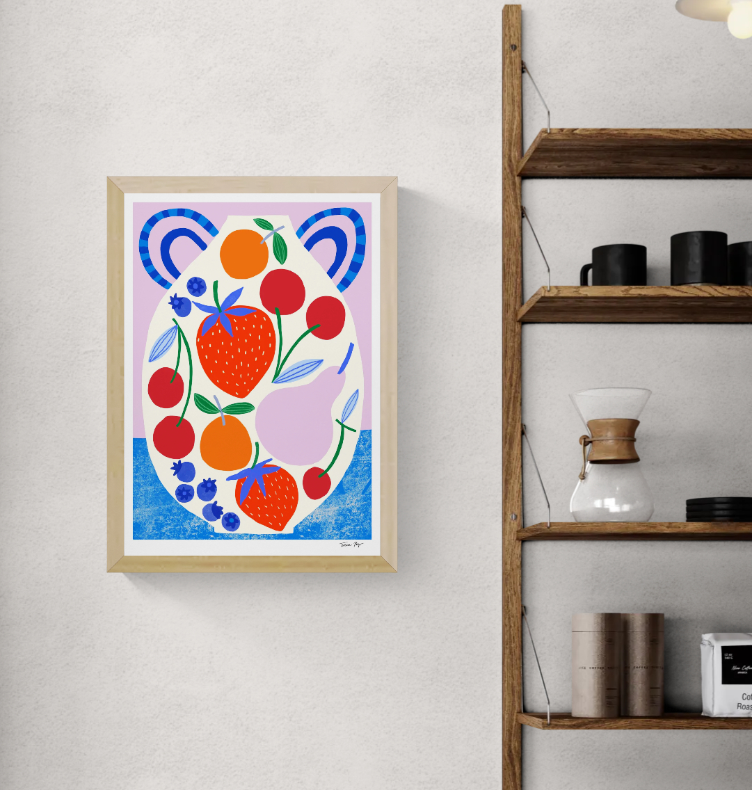 Colourful vertical giclée print by Teresa Rego featuring strawberries, cherries, blueberries and oranges arranged on a playful ceramic pot, ideal for bright kitchen or dining room wall decor.