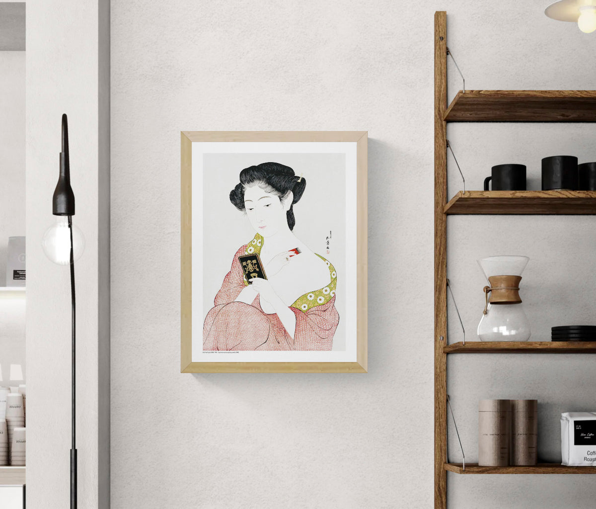 Japanese woman applying face powder in a red patterned kimono by Goyō Hashiguchi, vertical Japanese digital art print in soft red, green, black and cream tones for elegant wall decor.