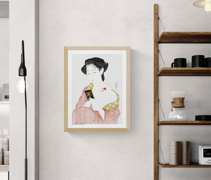 Japanese woman applying face powder in a red patterned kimono by Goyō Hashiguchi, vertical Japanese digital art print in soft red, green, black and cream tones for elegant wall decor.