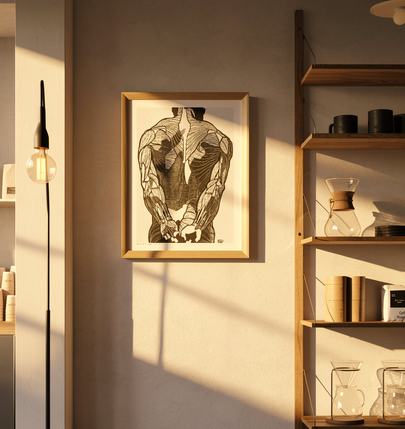 Black and white anatomical study of a man's back muscles by Reijer Stolk, featuring bold graphic linework and strong contrast in a vertical format, ideal as distinctive wall art for a modern office, studio or home.