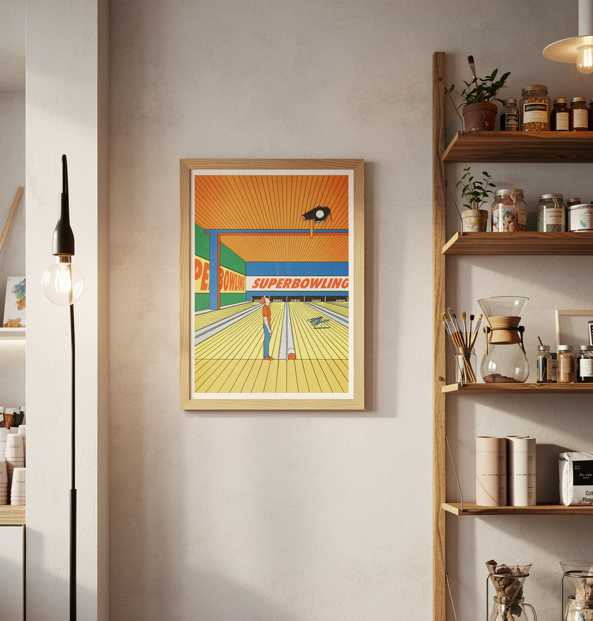 Super Bowling by Simon Bailly, vertical A3 risograph showing a colorful bowling alley in orange, yellow, blue and green with a lone bowler looking upward, playful contemporary wall art.