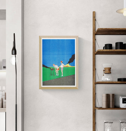 Barbecue by Simon Bailly, vertical A3 risograph showing two men grilling as fire and black smoke rise behind them, in bold blue, green and orange tones, ideal as humorous wall art.