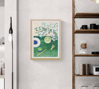 A3 art print "Matcha Time" by Leens featuring a flat-lay composition with a matcha latte in a ceramic bowl, bamboo whisk, green tea cup, tart with blueberries, floral branches, and Japanese wave patterns. Perfect for tea lovers and kitchen decor.