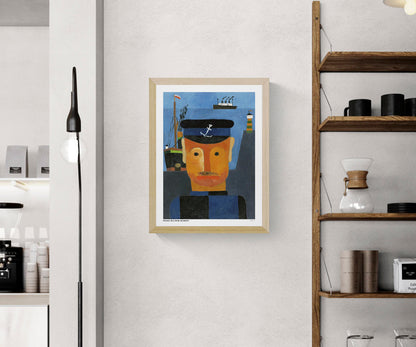 Seemann by Franz Wilhelm Seiwert, a modernist sailor portrait in orange, blue, and black, with ships and a lighthouse in the background. Vertical digital art print for nautical-inspired wall decor.