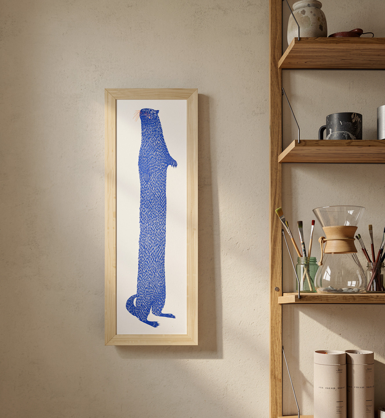 Tall blue otter illustration by Strangford, printed as a risograph on recycled paper in a narrow vertical format, playful wall art for quirky modern home decor.
