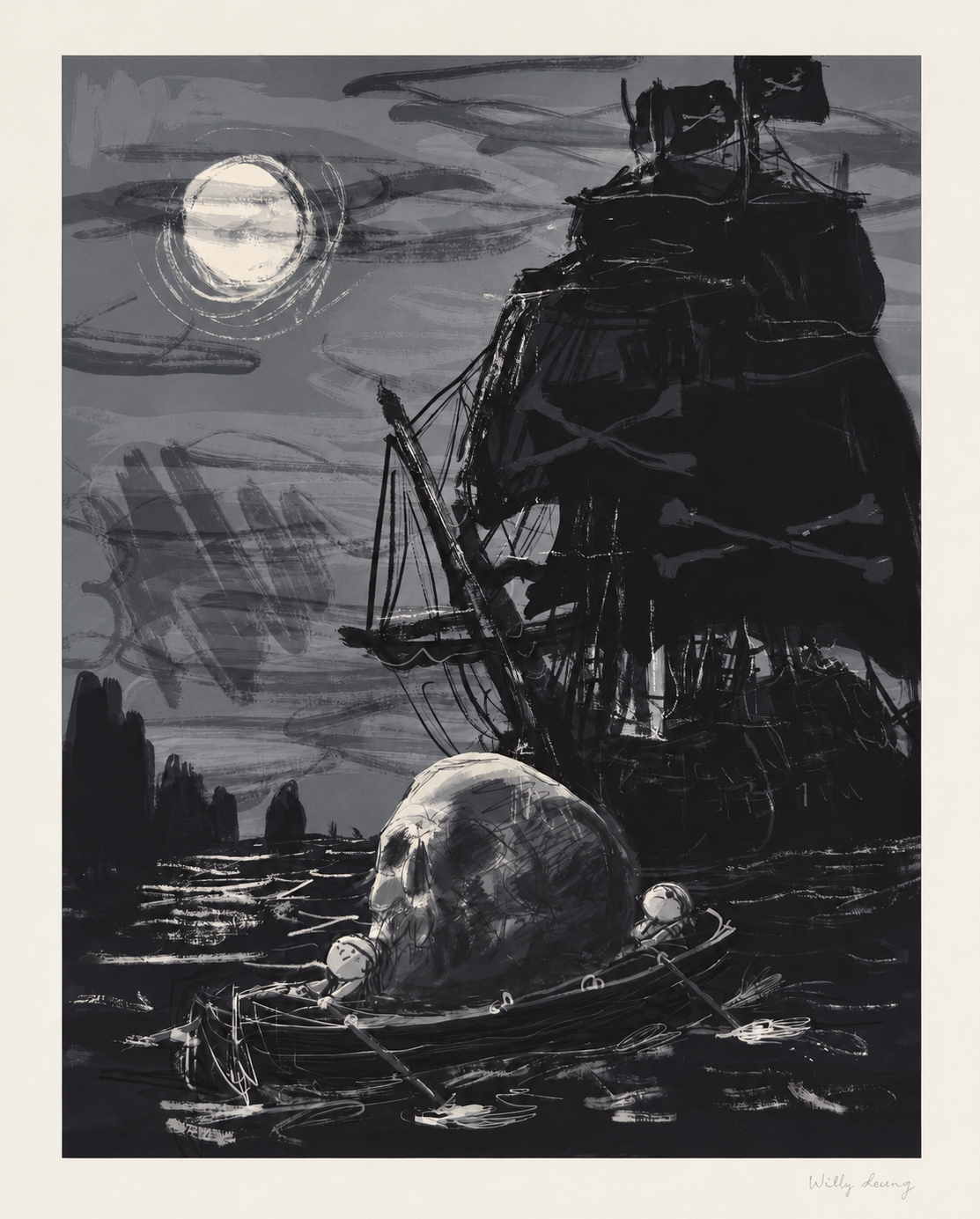 Skull and Bones by Willy Leung, monochrome giclée art print featuring a giant pirate ship, skull in a small boat, and glowing full moon. Dark fantasy illustration in portrait format, ideal for atmospheric wall decor.