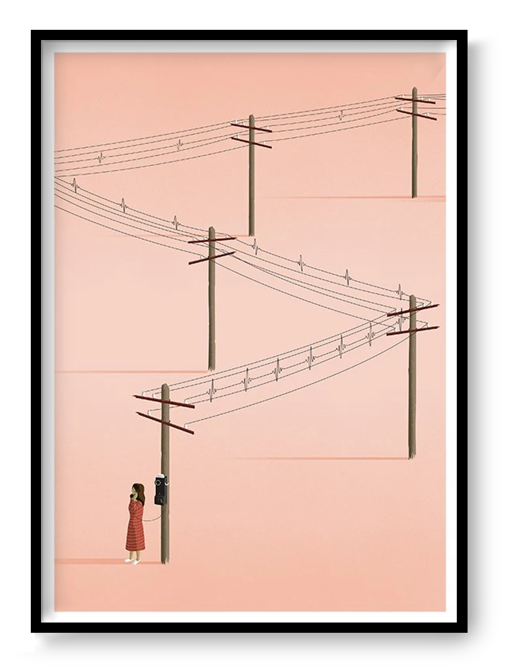 Minimalist art print titled 'Call' by Ana Yael, featuring a woman in a red dress using a vintage telephone on a wooden pole, with telephone wires stretching across a soft pink background – poetic and nostalgic wall art available at Galerie Frits