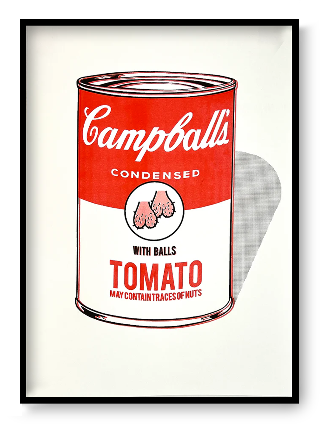 Campballs by Studio Stoutpoep – risograph A2 art print parodying the Campbell’s soup can, featuring the text "Tomato with balls" and humorous testicle icon. Bold pop-art illustration with edgy humor. Printed in Belgium on 300g paper.