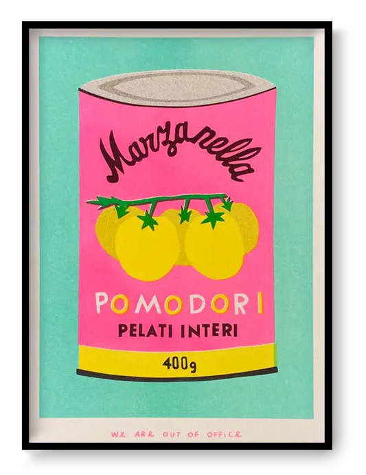 Colorful risograph illustration of a tomato can labeled “Pomodori Pelati Interi” in pink, yellow, and mint – Pomodori by We Are Out Of Office, 13x18 cm risoprint made in the Netherlands.