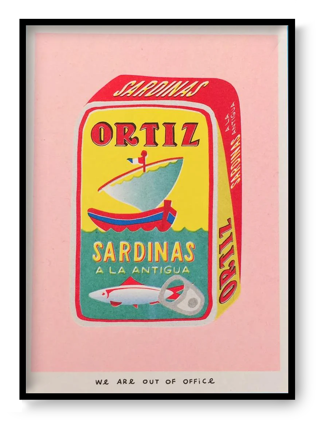Colorful risoprint illustration of a vintage Ortiz sardine can by We Are Out Of Office, printed with soy ink on 300g Biotop paper – bold kitchen wall art in retro pop art style.