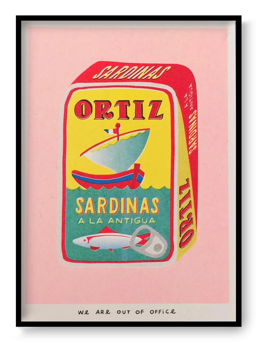 Colorful risoprint illustration of a vintage Ortiz sardine can by We Are Out Of Office, printed with soy ink on 300g Biotop paper – bold kitchen wall art in retro pop art style.