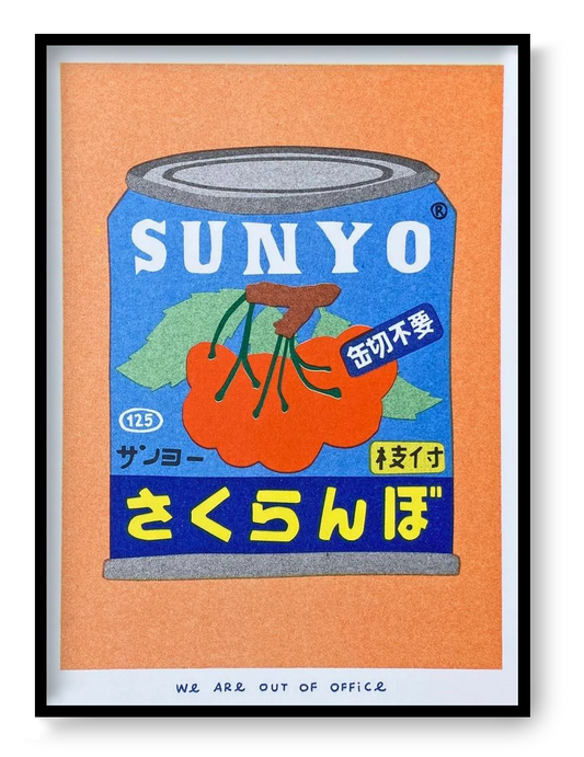 Colorful risograph art print of a Japanese can of cherries titled Canned Cherries by We Are Out Of Office, featuring bold retro typography and six-color rice-ink printing on Biotop 300g paper. Perfect wall art for pop art and Japanese design lovers.
