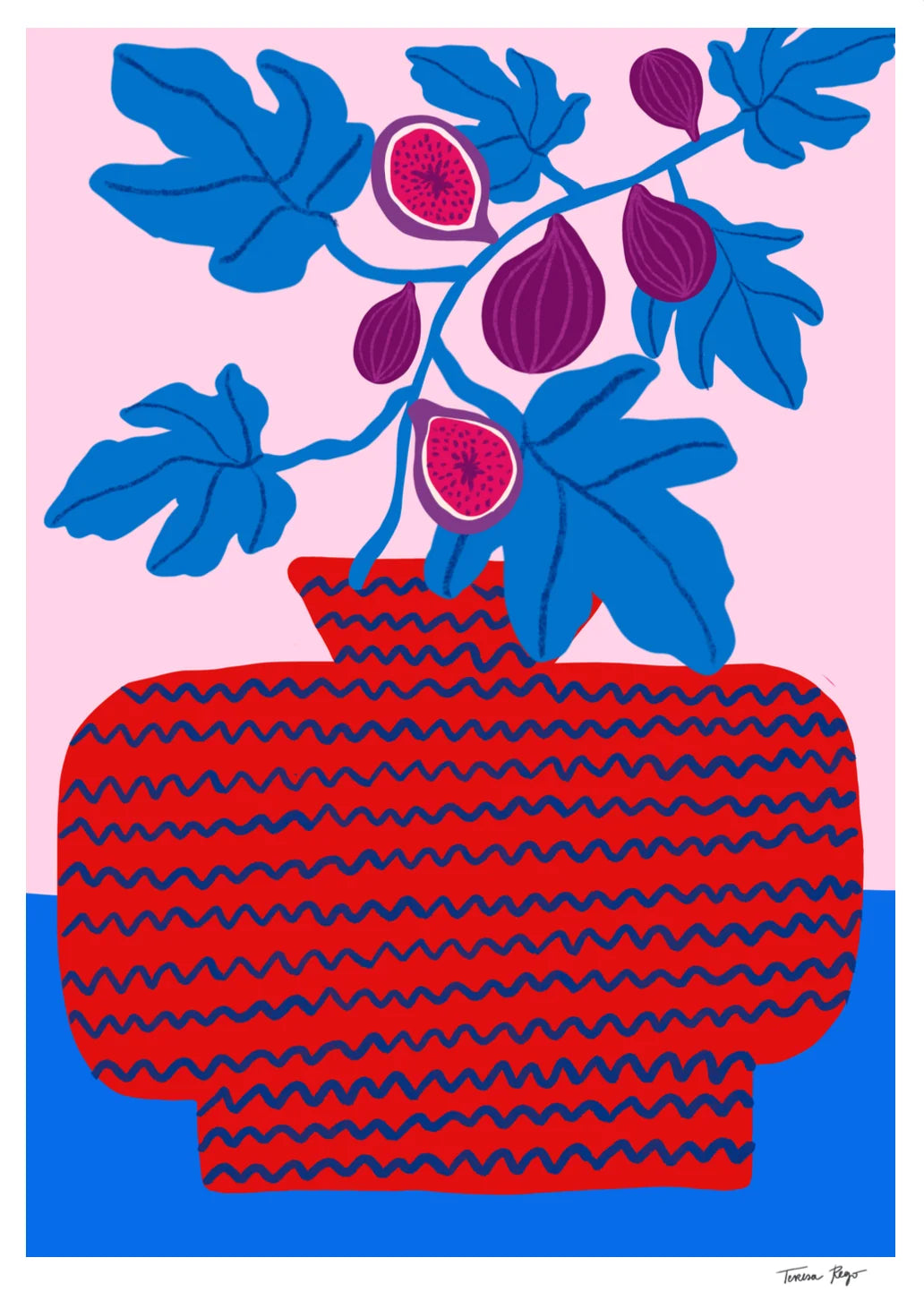 Colourful vertical giclée print by Teresa Rego featuring purple figs, bright blue leaves and a patterned red vase against a pink background, ideal as playful botanical wall art.