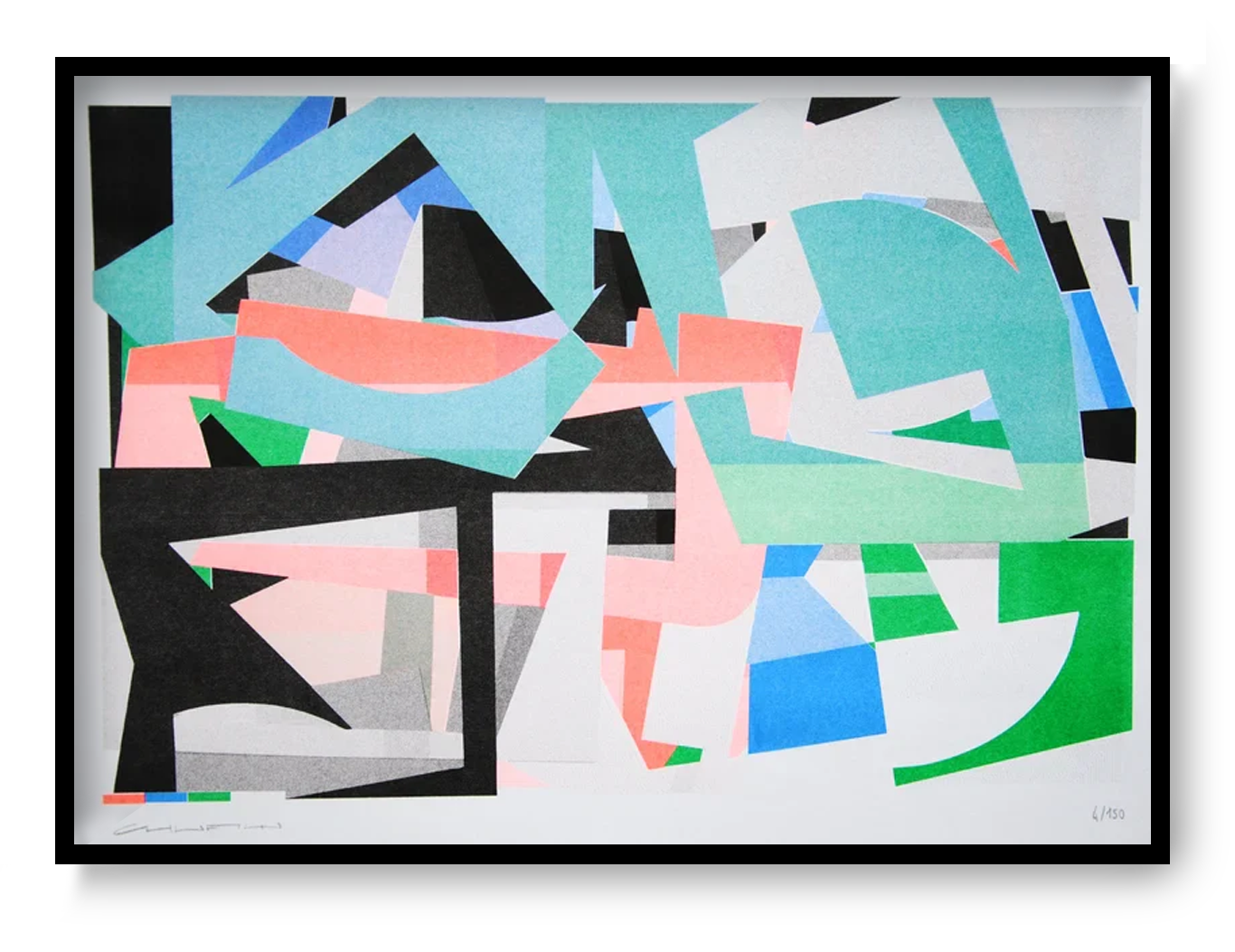 Colorful abstract risograph print by French artist Chufy titled Carré rond, featuring overlapping geometric shapes in green, blue, pink, and black tones. Limited edition A3 art print on Munken Print White 150g paper — modern wall art for design and color lovers.