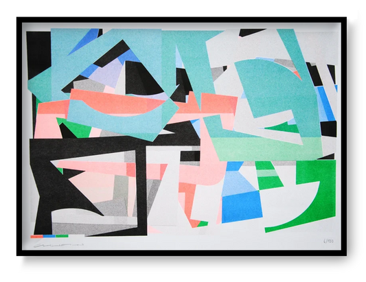 Colorful abstract risograph print by French artist Chufy titled Carré rond, featuring overlapping geometric shapes in green, blue, pink, and black tones. Limited edition A3 art print on Munken Print White 150g paper — modern wall art for design and color lovers.