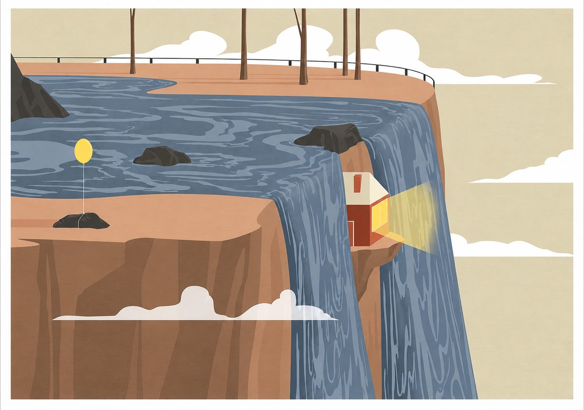 A3 surreal landscape art print by Ana Yael featuring a waterfall flowing over a cliff with a small illuminated house hidden behind the water, soft clouds, rocks, and minimalist design style.