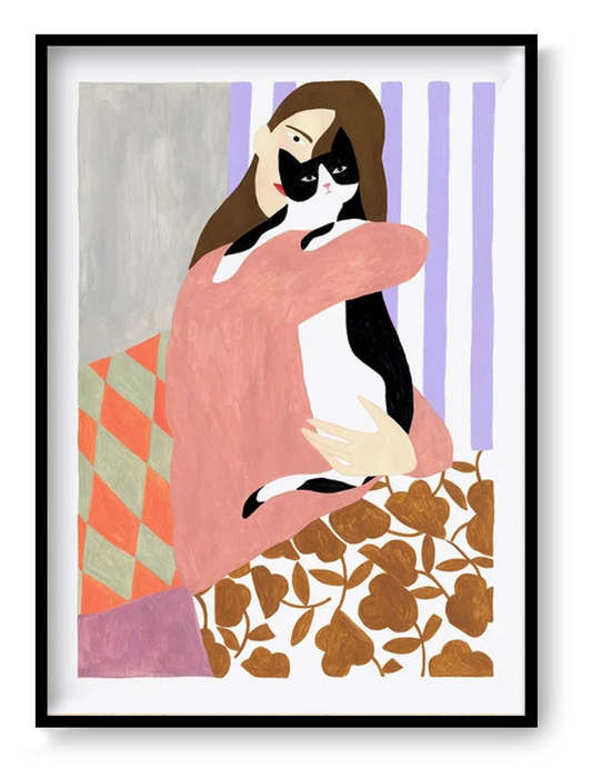 Art print 'Cat and Woman' by Depeapa – modern illustration of a woman lovingly embracing a black and white cat. Contemporary artwork with bold colors, patterned textiles, and minimalist forms. A cozy and emotional composition perfect for cat lovers and modern art collectors, available at Galerie Frits