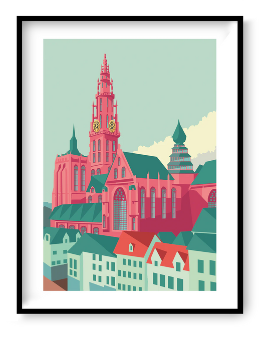 Cathedral Antwerp art print by Studio Frits – colorful architectural illustration of the Cathedral of Our Lady in Antwerp. Featuring bold pinks, greens, and clean lines in a modern graphic style. Perfect for architecture lovers, Belgium art collectors, and vibrant wall décor. Available at Galerie Frits