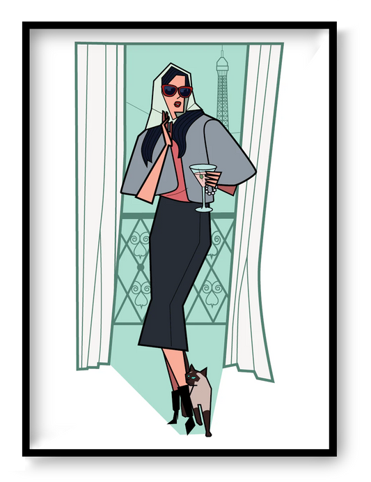 Illustration of a stylish woman in sunglasses holding a cocktail on a Paris balcony with the Eiffel Tower behind her, accompanied by a Siamese cat at her feet; modern geometric style, soft pastel tones, A4/A3 art print by Floor 4 Productions; perfect for chic home décor and contemporary wall art.