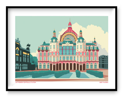 Central Station Antwerp art print by Studio Frits – vibrant architectural illustration of Antwerp's iconic train station in bold pastel tones. Perfect wall decor for architecture lovers, Belgium travel enthusiasts, and collectors of contemporary cityscape prints. Available exclusively at Galerie Frits