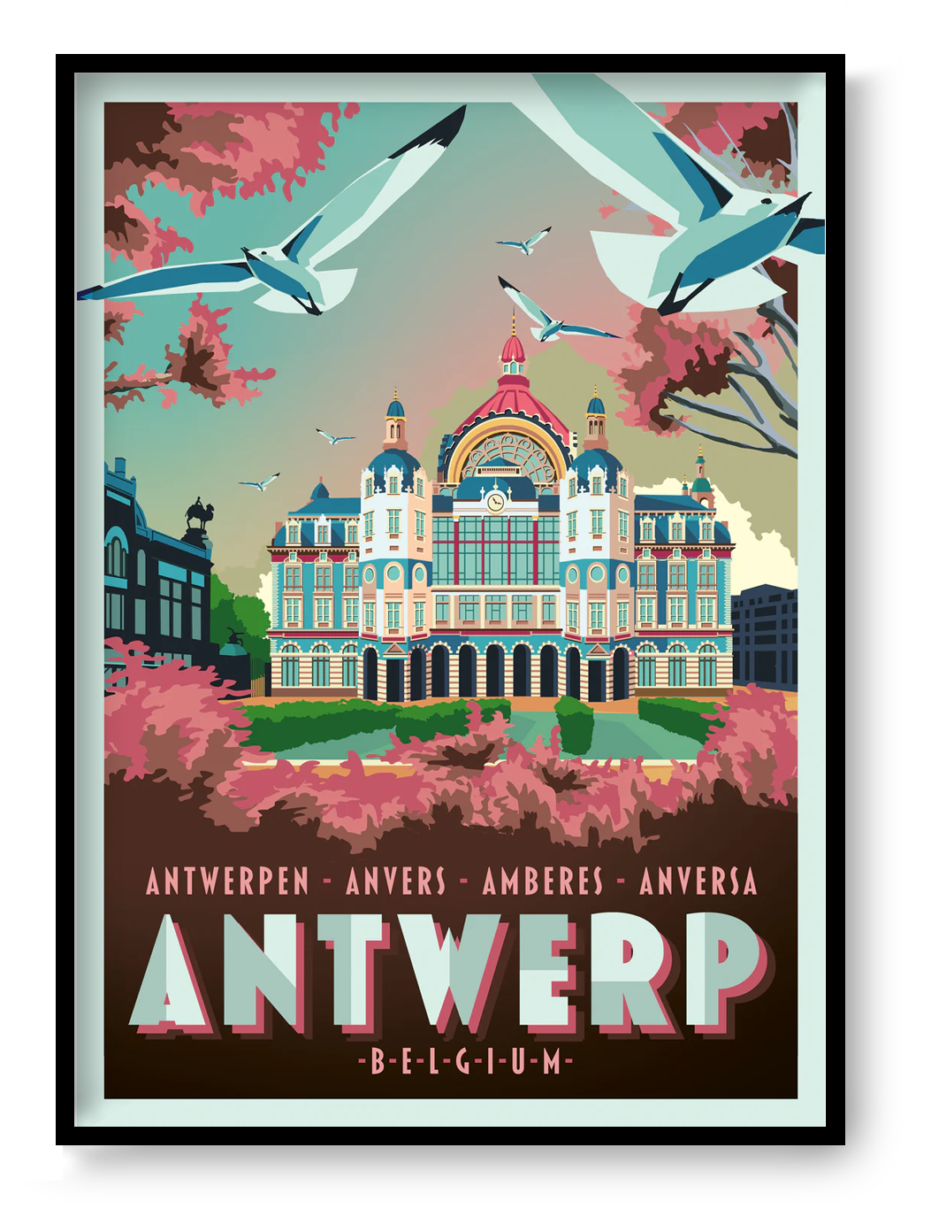 Vintage-style poster of Central Station Antwerp by Studio Frits – colorful retro travel art print featuring Antwerp’s iconic railway station with flying seagulls and spring foliage. Perfect wall decor for lovers of Belgian architecture, train stations, and European city posters. Available at Galerie Frits