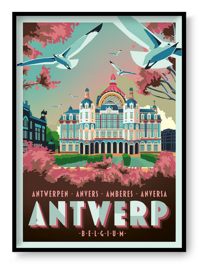 Vintage-style poster of Central Station Antwerp by Studio Frits – colorful retro travel art print featuring Antwerp’s iconic railway station with flying seagulls and spring foliage. Perfect wall decor for lovers of Belgian architecture, train stations, and European city posters. Available at Galerie Frits