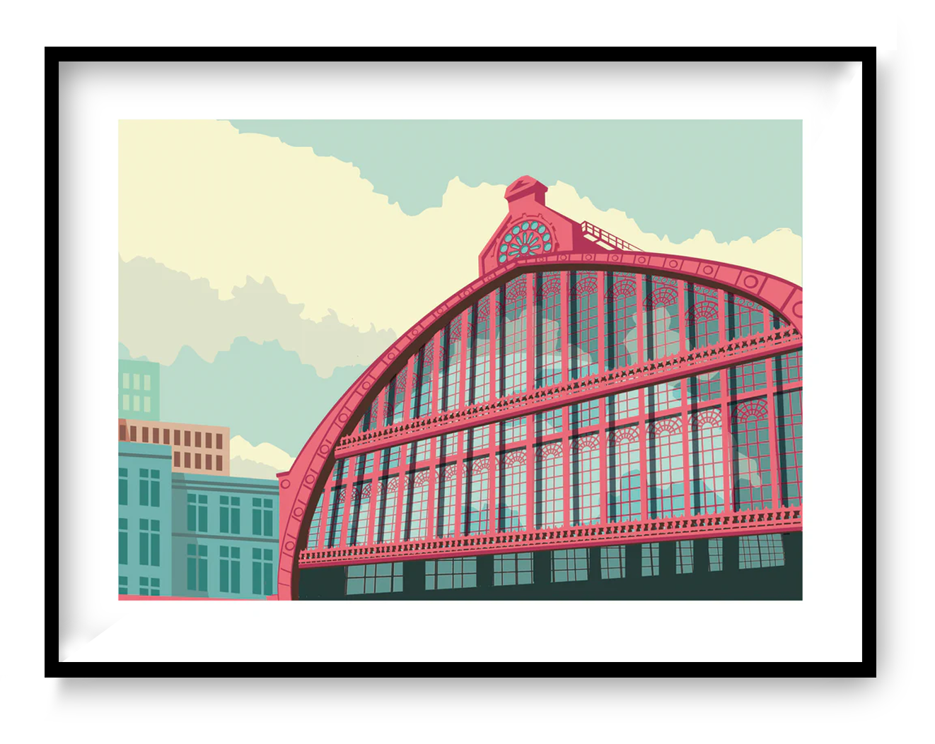 Architectural illustration of the Central Station Dome in Antwerp by Studio Frits – vibrant and modern art print featuring the iconic curved glass and iron roof of Antwerp’s railway station. Perfect wall art for lovers of Belgian architecture, urban landscapes, and European city posters. Available exclusively at Galerie Frits