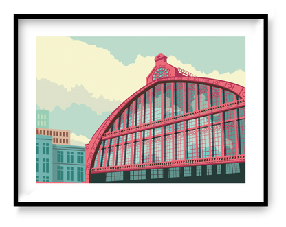 Architectural illustration of the Central Station Dome in Antwerp by Studio Frits – vibrant and modern art print featuring the iconic curved glass and iron roof of Antwerp’s railway station. Perfect wall art for lovers of Belgian architecture, urban landscapes, and European city posters. Available exclusively at Galerie Frits