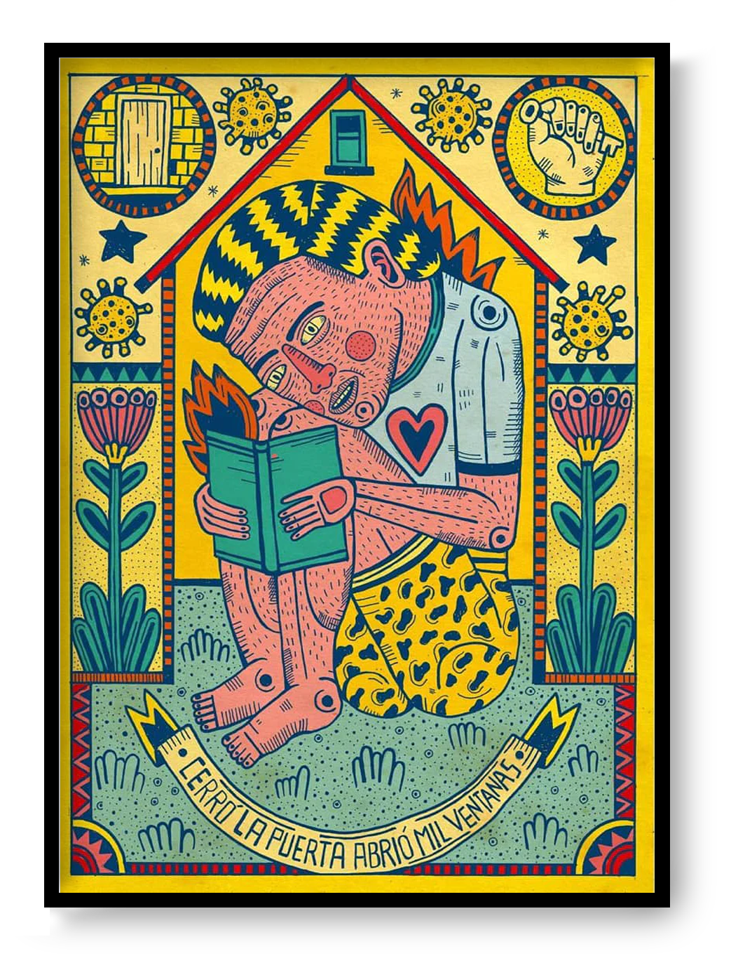 Cerró la puerta abrió mil ventanas by Asis Percales – A3 art print featuring surreal figure reading at home, colorful folk and circus-inspired Spanish illustration with symbolic motifs.