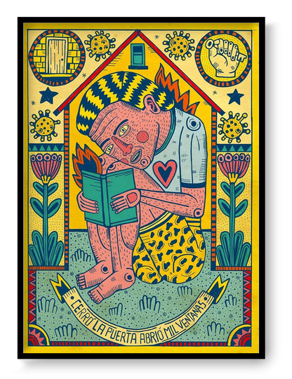 Cerró la puerta abrió mil ventanas by Asis Percales – A3 art print featuring surreal figure reading at home, colorful folk and circus-inspired Spanish illustration with symbolic motifs.