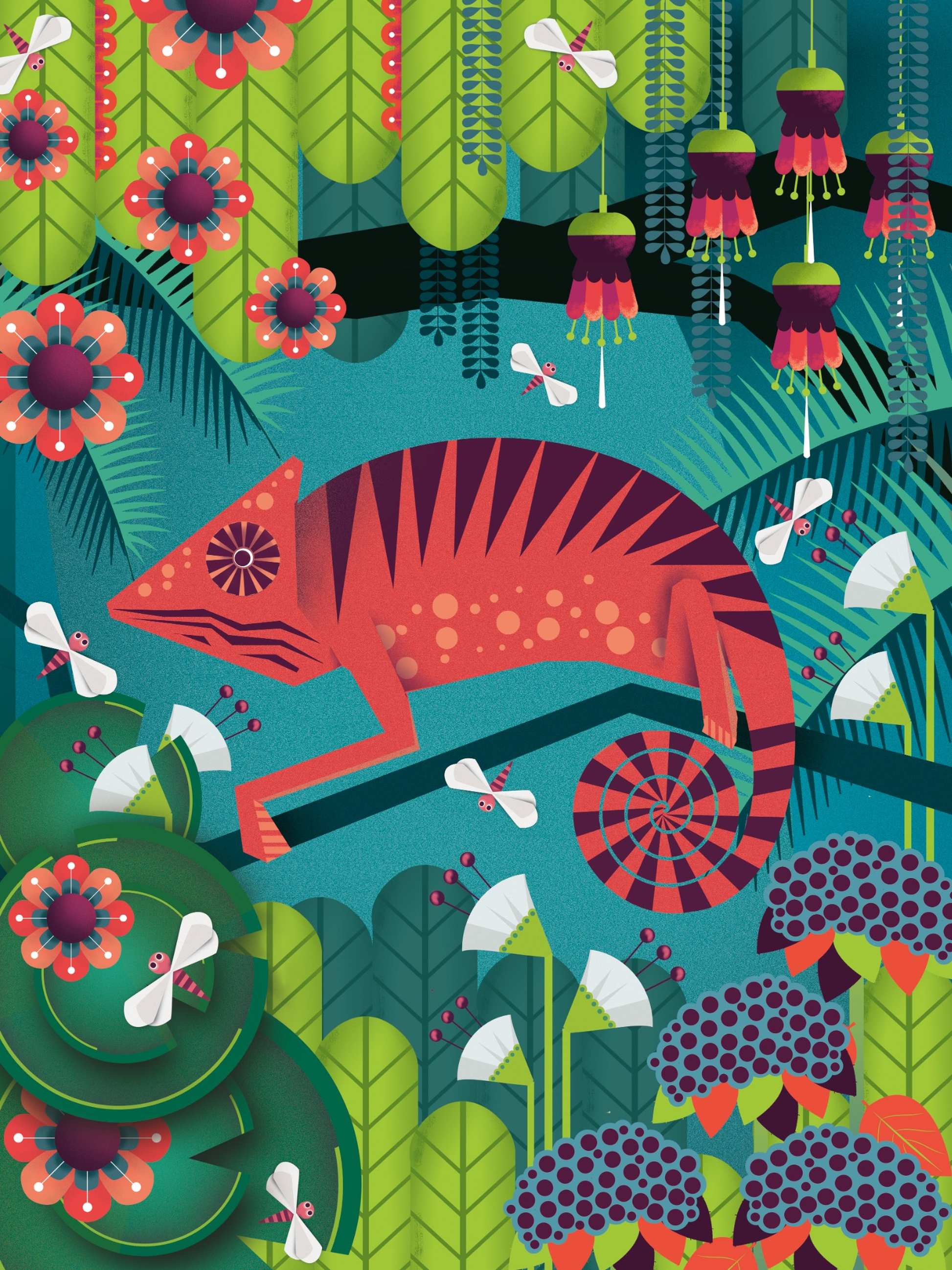 Colorful illustration of a red chameleon by Studio Frits, surrounded by vibrant jungle flora and playful insects. Bold modern wall art with tropical vibes, perfect for kids’ rooms, nature lovers, or exotic interior decor. A unique art print celebrating wildlife, color, and whimsical design—available exclusively at Galerie Frits