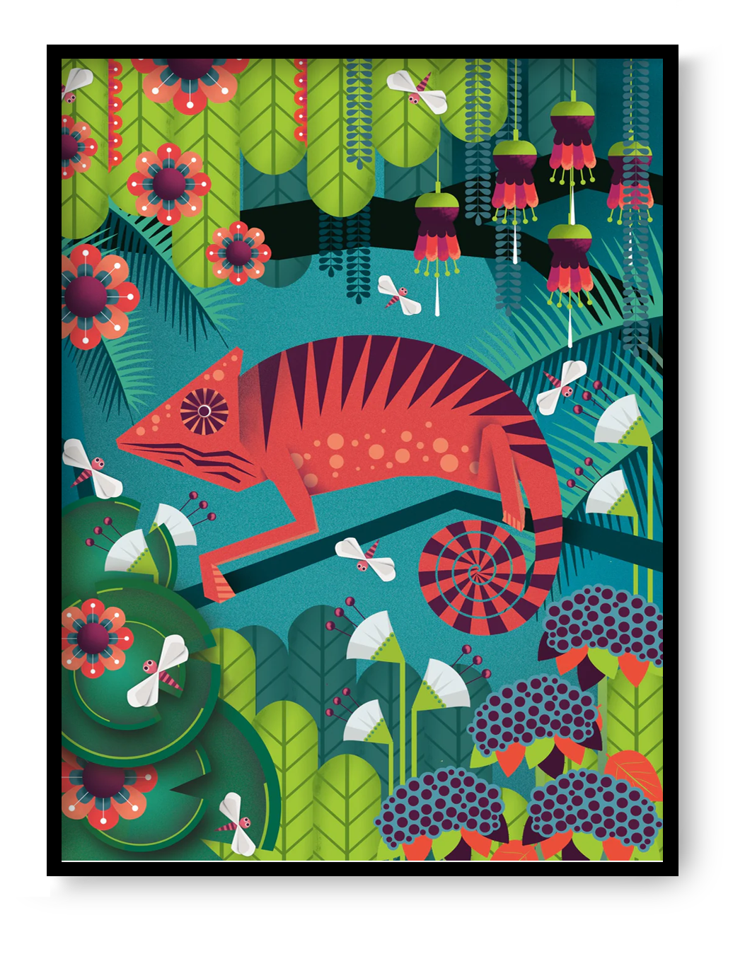 Colorful illustration of a red chameleon by Studio Frits, surrounded by vibrant jungle flora and playful insects. Bold modern wall art with tropical vibes, perfect for kids’ rooms, nature lovers, or exotic interior decor. A unique art print celebrating wildlife, color, and whimsical design—available exclusively at Galerie Frits