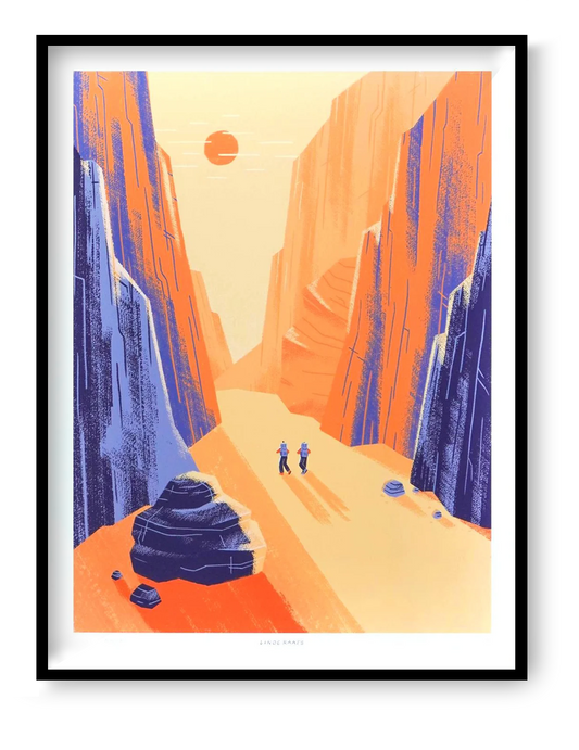 Illustration of Charyn Canyon by Linde Raats featuring two hikers walking through a vast, sunlit desert canyon surrounded by towering orange and purple cliffs. Minimalist landscape art print inspired by natural wonders, perfect for travel lovers, adventure-themed interiors, and contemporary wall decor—available at Galerie Frits