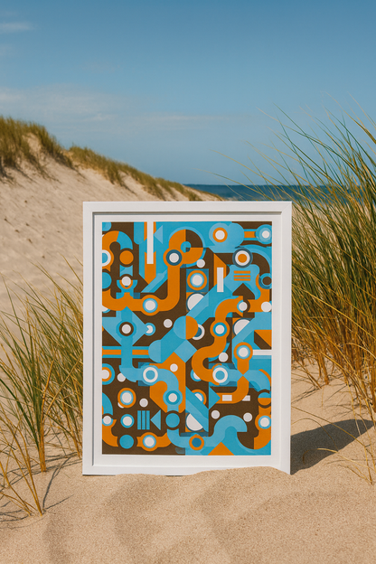 Colorful abstract geometric art print with flowing light blue and orange lines, circles, and shapes forming a maze-like pattern. Modern wall art by Belgian illustrator Gert Paenen of Studio Frits, perfect for contemporary interiors and design lovers.