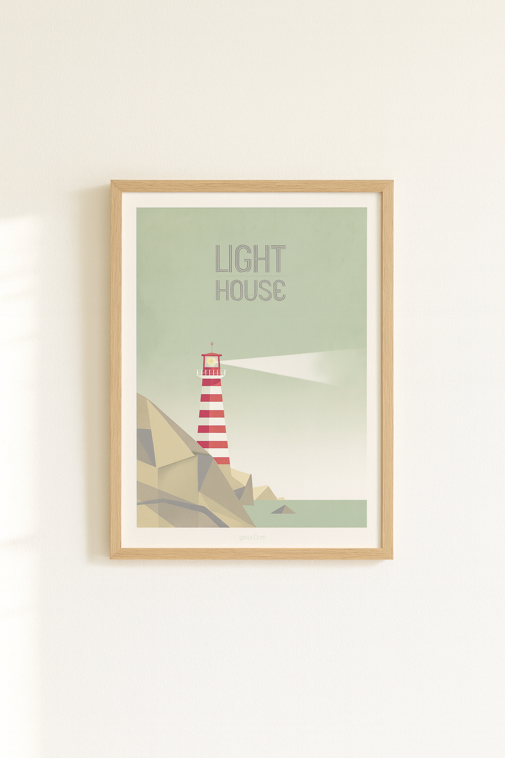 Modern lighthouse illustration art print by Studio Frits – 30x40 cm print of a red-and-white striped lighthouse on rocky cliffs with soft pastel sea and sky; minimalist geometric design, printed in Belgium.