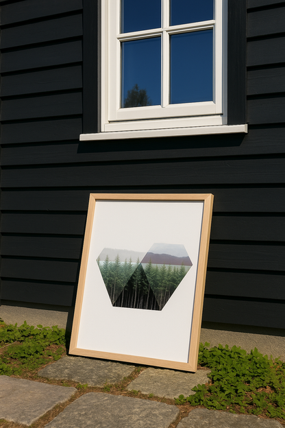 Minimalist geometric forest art print “Tallskogen” by Studio Frits – Scandinavian-inspired design blending Swedish pine trees and photography in a peaceful, modern composition. Perfect wall art for Nordic, minimalist, or nature-themed interiors.