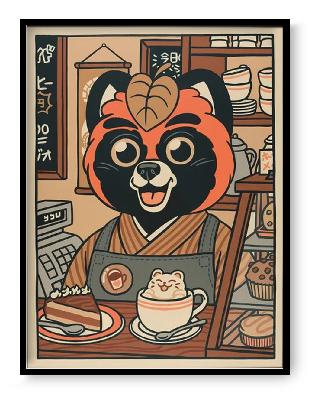 Playful illustration titled ‘Chez Jean-Paul’ by Yeaaah! Studio featuring an anthropomorphic red panda barista in a cozy Japanese-style café, serving a slice of cake and latte art with a smiling bear face. Rich in warm vintage tones and charming details, this whimsical artwork adds a fun, kawaii-inspired touch to any kitchen, coffee nook, or modern eclectic space—available at Galerie Frits