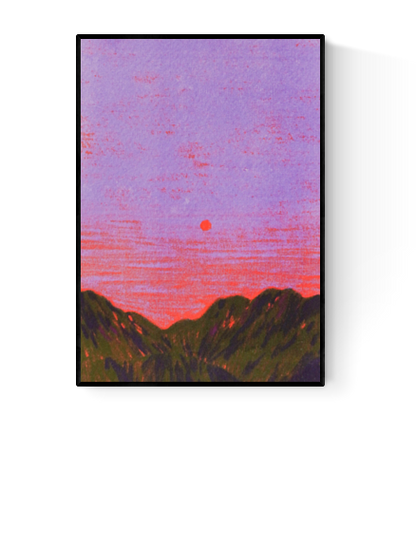 Atmospheric landscape illustration titled ‘China’ by Linde Raats, featuring a minimalist sunset over dark green mountains under a vivid purple and pink sky. This serene and dreamy art print captures the tranquility of dusk with a bold, contemporary color palette—perfect wall decor for lovers of modern travel art, Asian landscapes, and minimal aesthetic prints, available at Galerie Frits