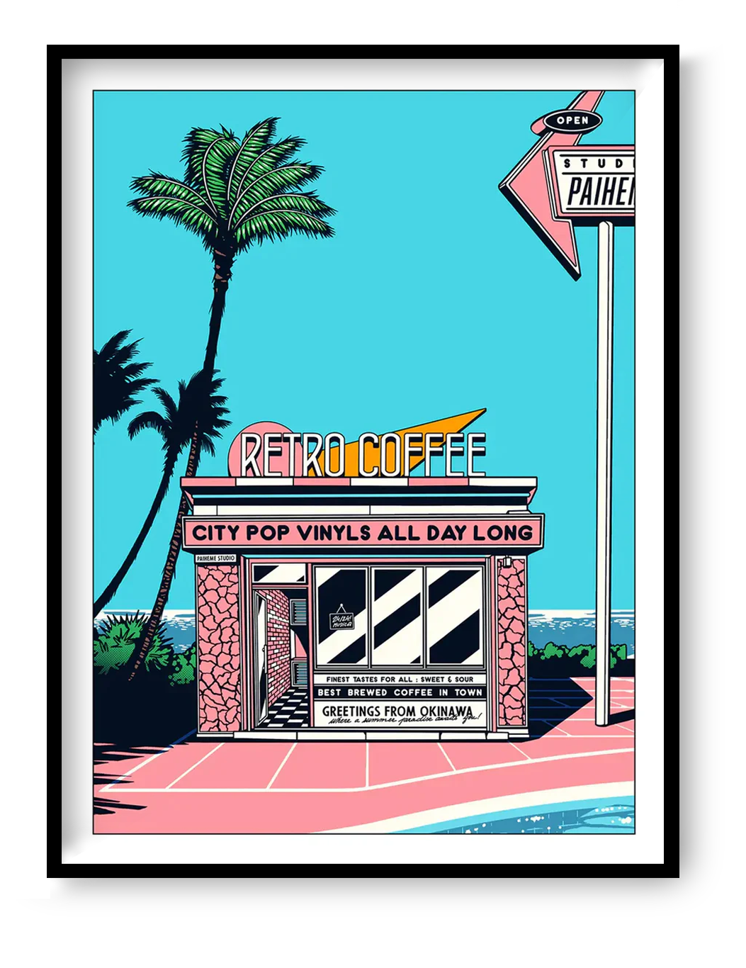 Japanese retro art print by Paiheme Studio featuring a colorful coffee shop inspired by Okinawa, palm trees, neon signs and city pop vinyls – 30x40 cm vibrant wall art made in France.