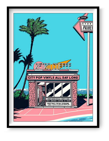 Japanese retro art print by Paiheme Studio featuring a colorful coffee shop inspired by Okinawa, palm trees, neon signs and city pop vinyls – 30x40 cm vibrant wall art made in France.