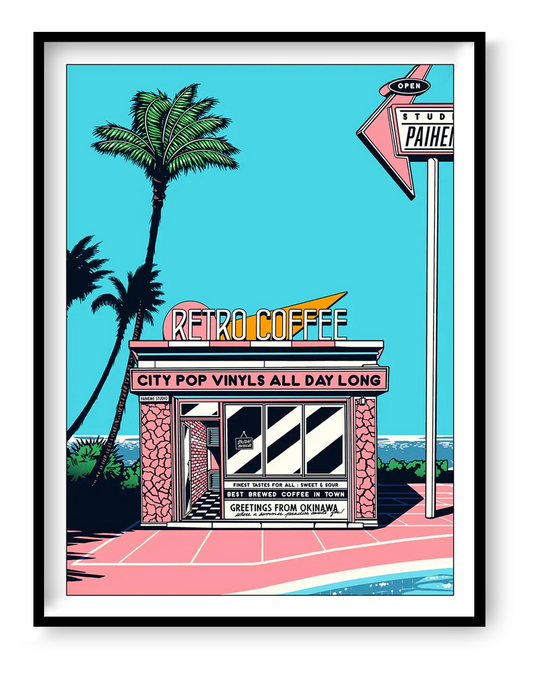 Japanese retro art print by Paiheme Studio featuring a colorful coffee shop inspired by Okinawa, palm trees, neon signs and city pop vinyls – 30x40 cm vibrant wall art made in France.