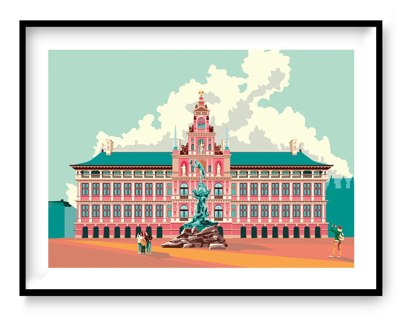 City Hall Antwerp digital art print by Studio Frits – colorful illustration of the Antwerp Stadhuis and Brabo fountain, in a bold graphic style on 300g fine art paper, made in Belgium.