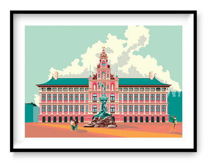 City Hall Antwerp digital art print by Studio Frits – colorful illustration of the Antwerp Stadhuis and Brabo fountain, in a bold graphic style on 300g fine art paper, made in Belgium.