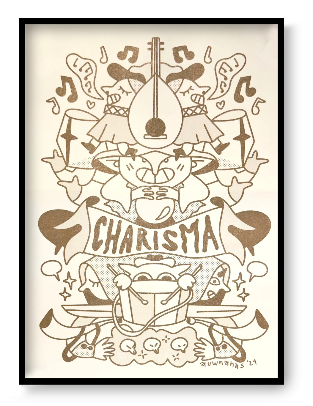 Risograph illustration “Class Act Gold” by Auwnanas featuring whimsical musicians, playful characters, musical notes and decorative shapes in warm golden tones; A3 art print with bold graphic style and lively composition; modern quirky wall art perfect for cheerful home décor and collectors of contemporary risography.