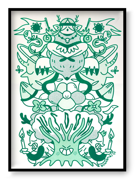 Green risograph illustration by Auwnanas featuring a symmetrical composition of whimsical characters, smiling flowers, quirky animals with horns, waving flags, expressive candles, and a bold central tree figure. Playful linework, bold shapes, and layered green tones create a lively, modern art print. A3 wall art, contemporary risograph illustration for home decor.
