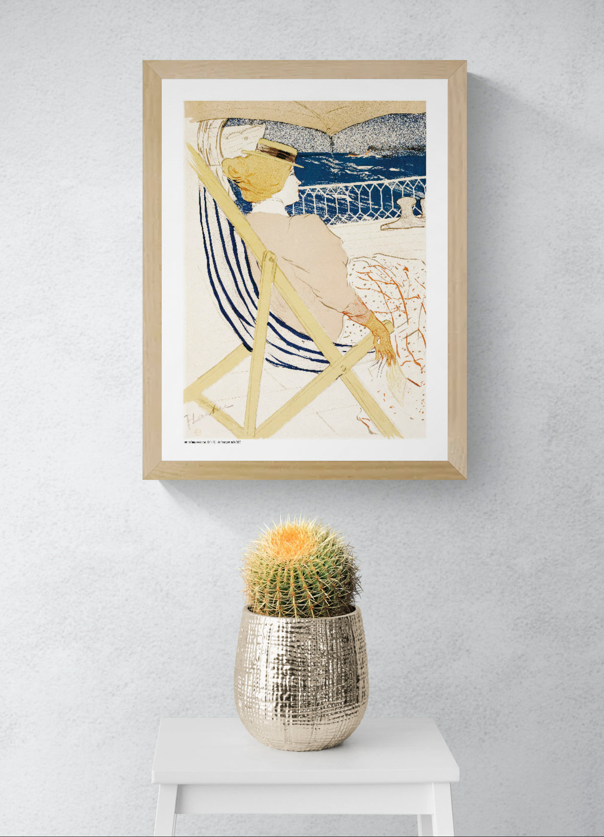 Henri Toulouse-Lautrec’s La Passagère du 54 showing a woman relaxing on a ship deck in blue, cream, yellow and orange, vertical digital print for vintage-inspired wall decor.