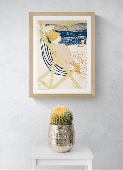 Henri Toulouse-Lautrec’s La Passagère du 54 showing a woman relaxing on a ship deck in blue, cream, yellow and orange, vertical digital print for vintage-inspired wall decor.