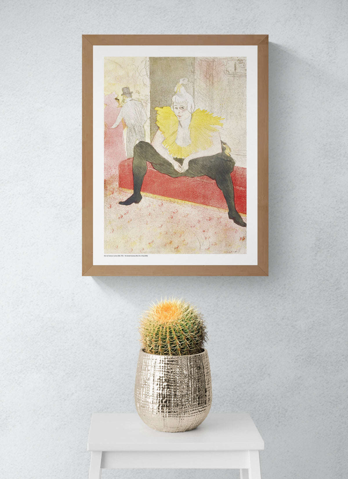 The Seated Clown by Henri Toulouse-Lautrec, vertical digital art print showing Miss Cha-u-Kan seated in black with a bright yellow collar, red bench and soft Belle Époque tones, ideal as expressive wall art.