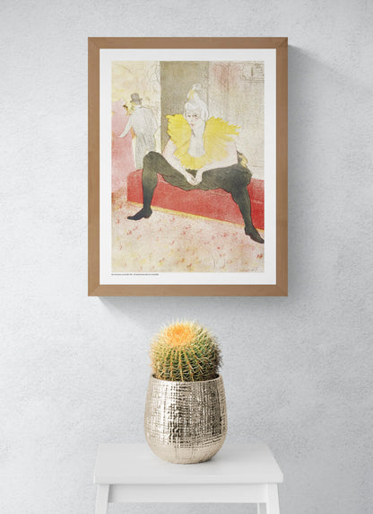 The Seated Clown by Henri Toulouse-Lautrec, vertical digital art print showing Miss Cha-u-Kan seated in black with a bright yellow collar, red bench and soft Belle Époque tones, ideal as expressive wall art.