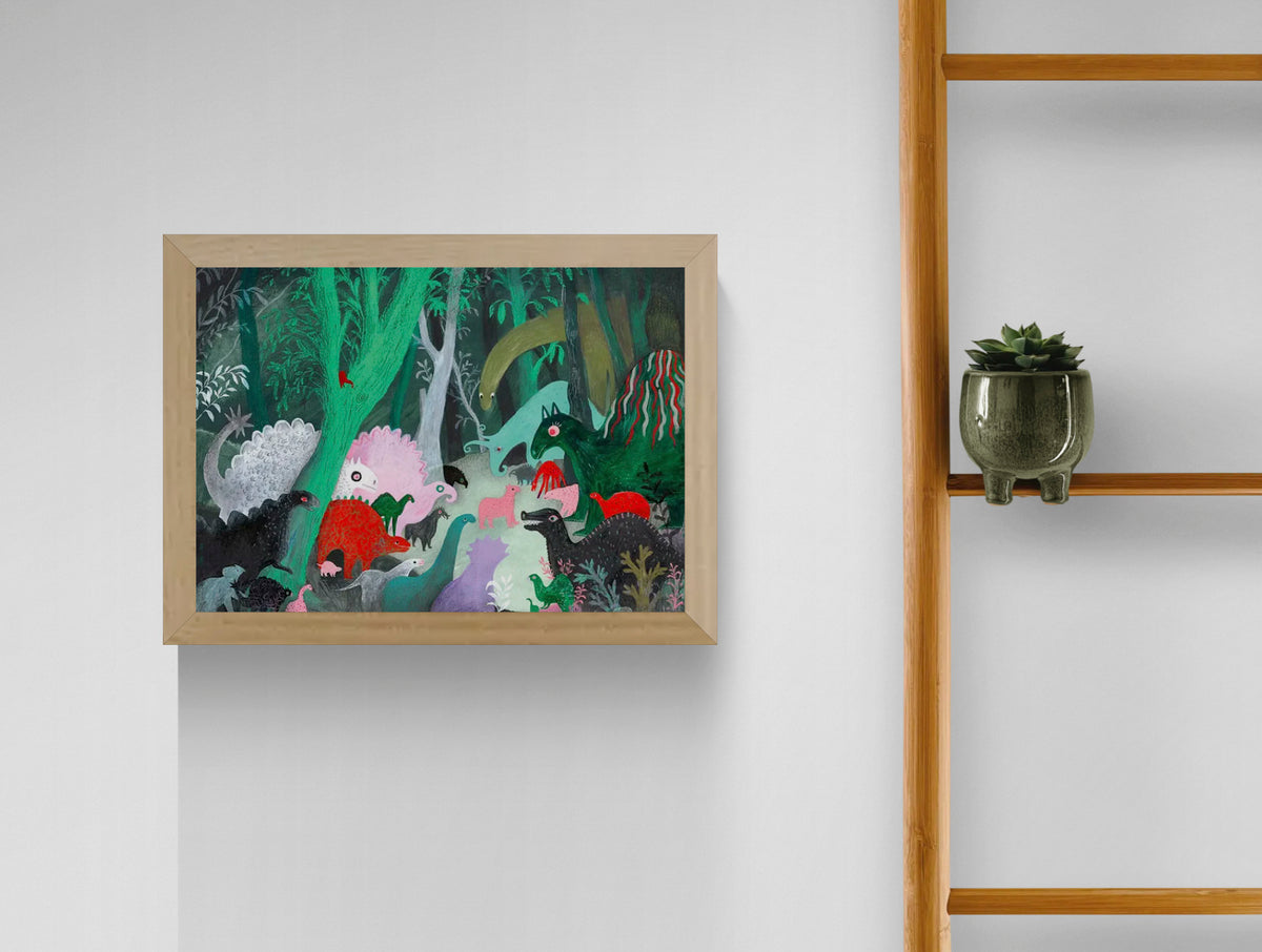 Whimsical dinosaur illustration art print by Louise de Meester showing colorful prehistoric animals in a dense jungle landscape with textured painterly style.